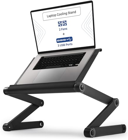 WorkEZ Executive Adjustable Laptop Stand with 2 Fans 3 USB Ports Ergonomic Aluminum Lap Desk for Bed Couch tray holder folding height tilt angle cooling cooler portable desktop riser black