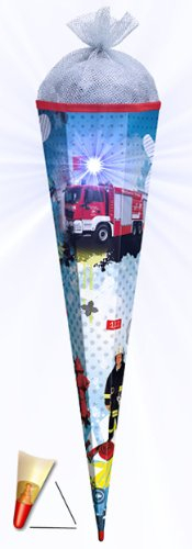 3-D Schultüte - Feuerwehr - mit Licht Effekt - mit Holzspitze 85 cm - mit Tüllabschluß - Roth - für Jungen Auto Rettung
