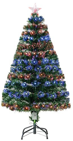 HOMCOM 4 Feet Prelit Artificial Christmas Tree with Multi-Coloured Fiber Optic LED Light, Holiday Home Xmas Decoration, Green