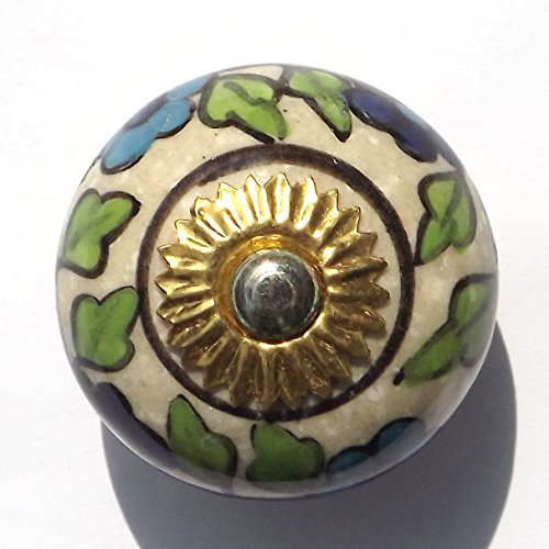 Antique Cream Round with William Morris Blue Flowers (Brass Fittings) Ceramic Cupboard Door knobs Drawer pulls Shabby Chic Handle Porcelain