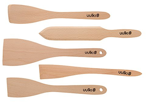 Uulki | Pfannenwender Set aus Holz | Bratenwender/Backschaufel mit spitzem Pfannkuchenwender/Crepes-Wender | aus Buchenholz | Küchenutensilien 5-teilig