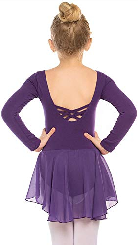 Beyove Mädchen Ballettkleidung Rückenfrei Ballettkleid Baumwolle Langarm Balletttrikot Ballettanzug Kinder Tanzkleid Tanzbody mit Rock Tütü Lila B 130