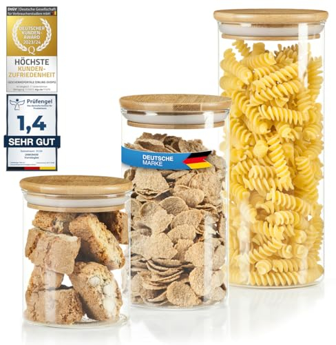 Dimono® Vorratsglas aus Borosilikatglas Vorratsgläser Glas-behäler Einweck-Glas mit Bambus-Deckel (3er Set)