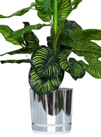 KERD Blumentopf 26 cm, Silber-Weiß (020), dekorativ, hochwertig, aus recyceltem Material, mit Drainagesystem, mit Untersetzer, handbeklebt, Hochglanz, moderne Innenräume, Minimalismus, skandinavischer