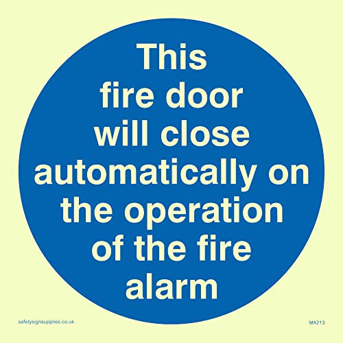 Viking Signs MA213-S10-PV This Fire Door Will Close Automatically On The Operation Of The Fire Alarm Sign, Photo luminescent Sticker, 100 mm x 100 mm