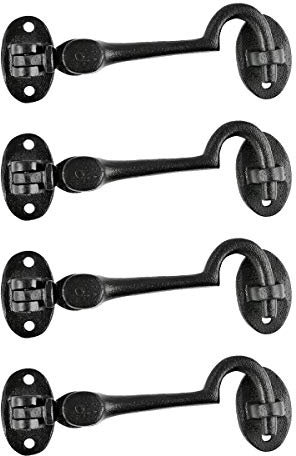 Renovators Supply Manufacturing Black Wrought Iron Cabin Hook Eye Bolt 4.5 Swivel Style Reversible Privacy Hook Latches for Kitchen Cabinet Window Sliding Screen Door Locks with Screws Pack of 4