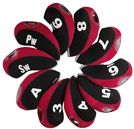 Andux Print Number Golf Iron Club Head Covers with Transparent Window 10pcs/Set Black/red