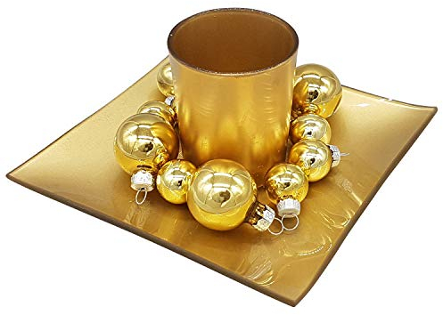 Land-Haus-Shop Weihnachtsdekoration Glas Teelicht, Teller, Christbaum Kugeln, Weihnachten, Gold (LHS)