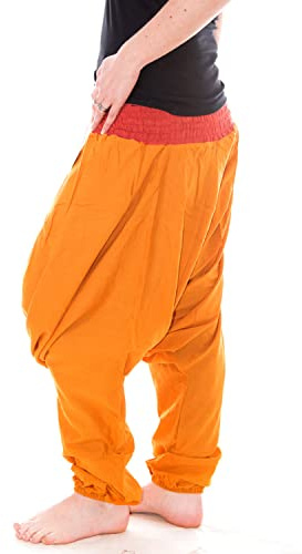 Vishes - Alternative Bekleidung - Baumwoll Haremshose mit farbigem Bund - Lange Größe rot-gelb
