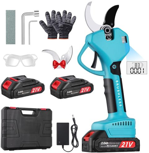 Sécateur Électrique Sans fil 50mm, Sécateur électrique avec Écran avec 2 Batteries de 2.0Ah, 3 Réglages Cisailles électriques pour Jardinage, Vigne, Arbre Fruitier