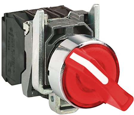 Schneider Electric Illuminated selector switch, Harmony XB4, metal, red handle, 22mm, universal LED, 2 positions, 1NO + 1NC, 110...120V AC