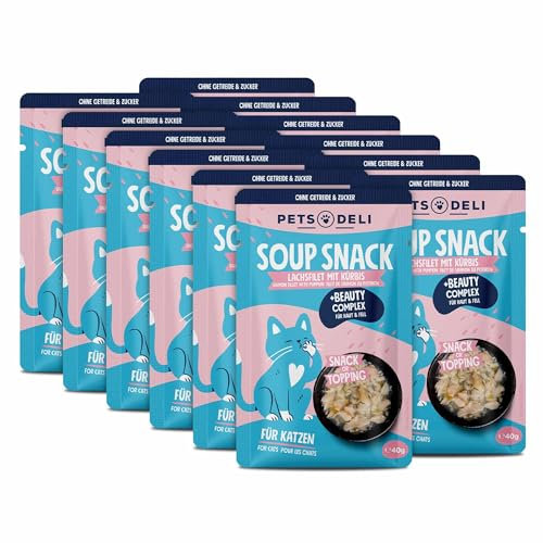 Pets Deli Katzensuppe Lachs – Getreidefrei mit Haut- & Fell-Komplex für glänzendes Fell – 12 x 40g