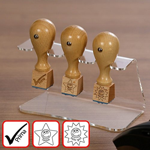 Bütic 3er Set Lehrer- Holzstempel - Schulstempel mit Acrylhalter Ständer - Designs auswählbar, Stempeldesigns:3er Set 2 - Haken Stern Sonne