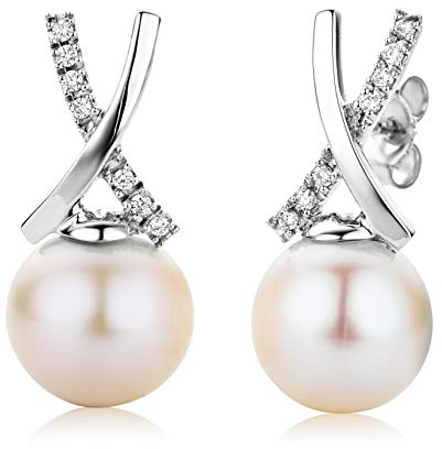 Miore Perlen und Diamant Ohrringe für Damen aus 18 Karat 750 Weißgold - Süßwasserperlen 8.5 mm und Diamant Brillianten 0.07 ct