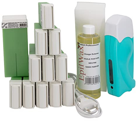EpilWax Wachswärmer Waxing Set für Enthaarung Haarentfernung - Mit 12 Aloe Vera Roll On Wachspatronen, Waxing Gerät, 100 Vliesstreifen und Nachbehandlungsöl