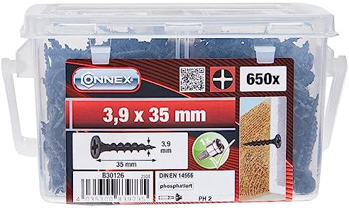 Connex Schnellbauschrauben - Mit Grobgewinde - Trompetenkopf - PH Phillips-Antrieb - Schwarz phosphatiert - Inkl. Tiefenstopp / Trockenbauschrauben / Schrauben-Eimer / B30126, 3,9 x 35 mm (650 Stück)
