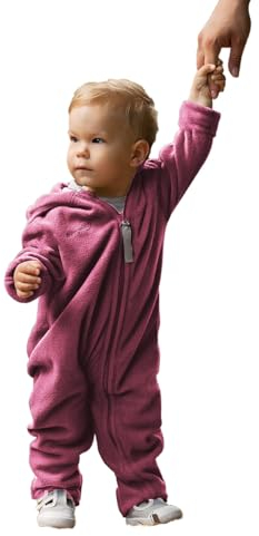 Hoppediz Baby Overall aus Fleece, extra lange Beine - perfekt für die Babytrage, Umschlagbündchen an Händen und Füßen - beere 80-86