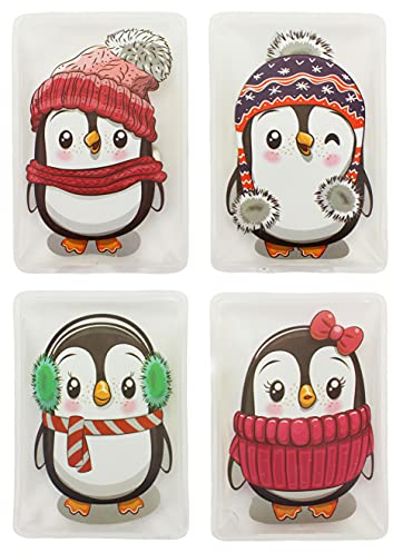 Handwärmer Taschenwärmer Sets wiederverwendbar, Wärmepad für kalte Tage und für unterwegs, Wärmeknickkissen mit tollen Motiven (4er-Set Colorful Penguins mit bunten Schals und Ohrenwärmern)