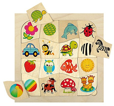 Hess Holzspielzeug 14915 - Zuordnungsspiel aus Holz mit 16 Teilen, Muster und Tiere/Symbole, für Kinder ab 3 Jahren, handgefertigt