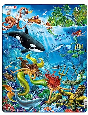 Larsen US20 Mermaids & King Neptune Puzzle – 32-Piece Underwater Fantasy Jigsaw for Kids, Educational Tray Puzzle for Girls