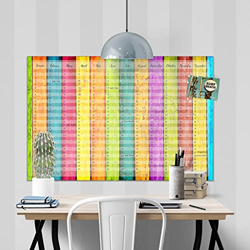 banjado® Wandkalender abwischbar aus Glas 90x60 cm/Jahresplaner abwischbar mit Motiv Regenbogen Holz/langlebiger Jahreskalender, Urlaubsplaner & Familienplaner abwischbar
