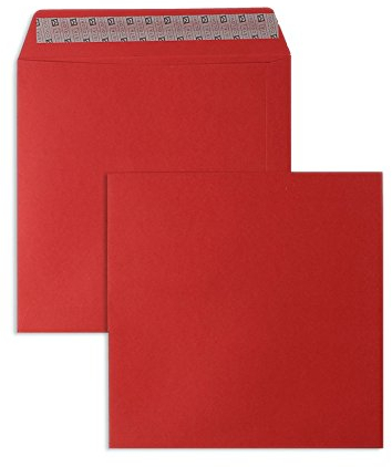 50 Stück, Farbige Briefumschläge, 220 x 220 mm, Haftklebung mit Abziehstreifen, Gerade Klappe, 120 g/qm Colorista, Ohne Fenster, Rot, Blanke Briefhüllen