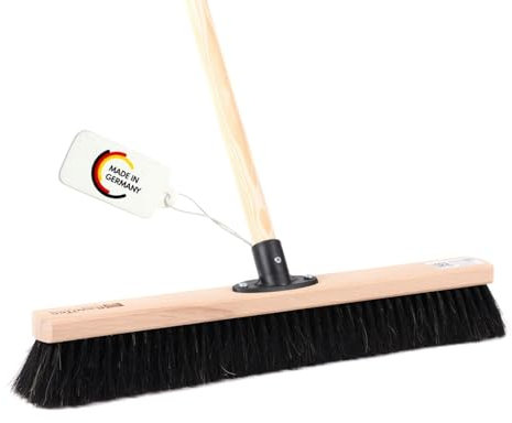 BawiTec Naturhaar Roßhaarbesen, mit QuickFix-Stielhalter, Besen Breite 40cm, inkl. Stiel 160cm Lang, Besenstiel, Holzstiel, weiche Borsten, Holz Kehrbesen, Saalbesen, für Parkett, Fliesen usw.