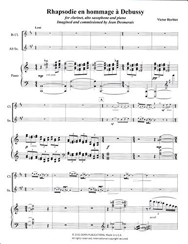 Rhapsodie en Hommage a Debussy for Clarinet, Alto Saxophone and Piano by Victor Herbiet