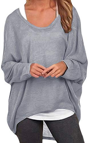 ZANZEA Damen Lose Asymmetrisch Jumper Sweatshirt Pullover Bluse Oberteile Oversize Tops Grau L