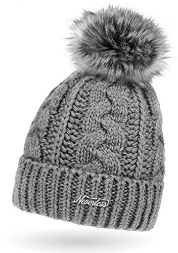 Neverless Damen Strick-Mütze gefüttert mit Fell-Bommel, Kunstfell, Winter-Mütze, Bommelmütze, Hellgrau Unisize
