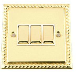 Light Switch 3 Gang - Georgian - Polished Brass - White Insert - Metal Rocker Switch - 3 Gang 2 Way 10 Amp
