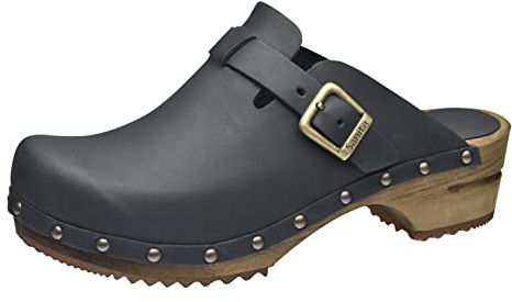 Sanita Kristel Offener Clogs | Original handgemacht | Leder-Holzclogs für Damen | Schwarz | EU 42