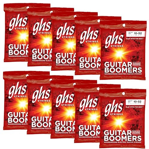 GHS Strings, GBTNT Boomers, Nickel Plated Steel Electric Guitar Strings, Legendary Strength, Unrivaled Sustain, Brightness & Tone. For 6-String Guitar 10-52 Thin & Thick (TNT) Gauge - 10 SETS