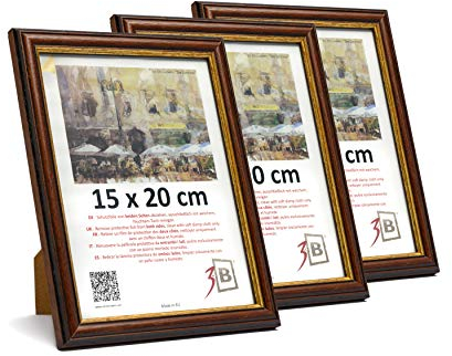 3-B Bilderrahmen ARCO RUSTIKAL - 3-Pack - Dunkel Braun/Gold - 15x20 cm - Holzrahmen, Fotorahmen, Portraitrahmen mit Acrylglas