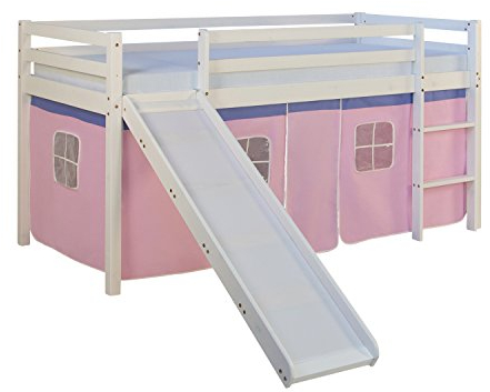 Homestyle4u 1543, Kinderbett 90x200 Weiß Hochbett mt Treppe Rutsche Vorhang Rosa Bettgestell Massivholz Kiefer Weiß