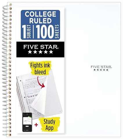 Five Star Spiral Notebook + Study App, 1 Subject, College Ruled Paper, 8-1/2 x 11, 100 Sheets, Fights Ink Bleed, Water Resistant Cover, White (72456)