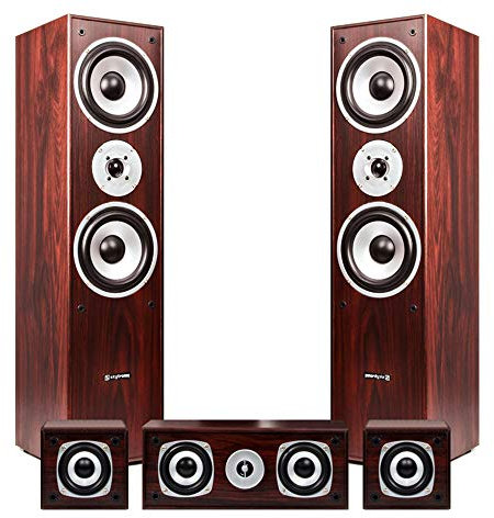 Fenton 5.0 Surround Sound Speaker System in Walnut Finish, 1150W Home Cinema Theatre Hi-Fi Speakers, 3-Way Towers & 2-Way Satellites, Wall Mountable