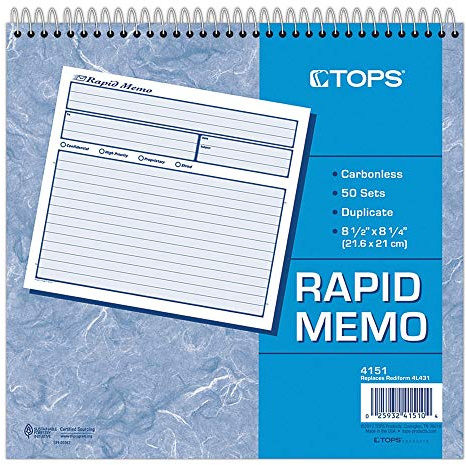 Adams Rapid Memo Book, 8.25 x 8.5 Inch, 2-Part, Carbonless, 50 Sets, 1 Memo per Page, White and Canary (SC1158), White/Canary