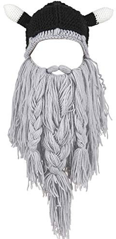 Kafeimali Herren Kopf Barbarian Vagabond Beanie Foldaway Beard hüte Viking Horns Sport neuheit strickmützen Bearded Helles Grau One Size