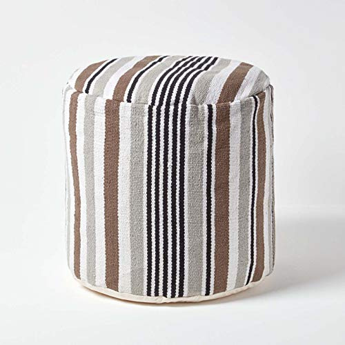 HOMESCAPES Grey, Black and White Stripe Circular Beanbag Footstool with Filling - 45 cm round x 40 cm tall