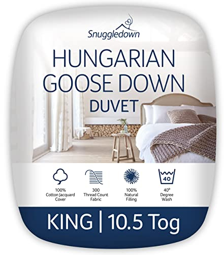 Snuggledown Hungarian Goose Down King Size Duvet 10.5 Tog - All-Year Round Quilt with Ethically Sourced 80:20 Blend | UK-Made, 300tc Cotton Cover, Box Stitch, Washable (225 × 220cm)
