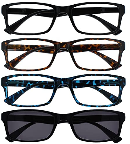 OPULIZE PEP Reading Glasses for Women Men, Large Rectangular Designer Frame with Spring Hinges, Scratch Resistant, Black, Brown, Blue, Black Sun +1 (Pack of 4)