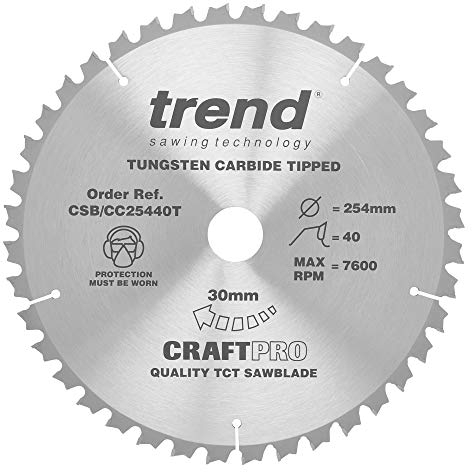 Trend Wood Cordless Mitre Saw Blade, 254mm Diameter, 30mm Bore, 40 Teeth, 2.1mm Kerf, -5° Hook, TCT, Medium Finish, CSB/CC25440T