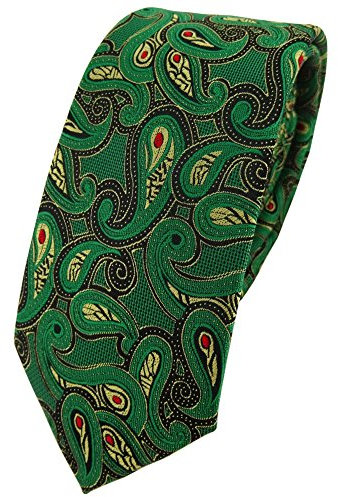 TigerTie schmale Designer Krawatte in grün gold rot schwarz Paisley gemustert