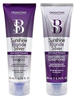 CREIGHTONS Sunshine BIONDO Tonalità CORRETTORE shampoo 200 ml E CREIGHTONS Sunshine BIONDO Tonalità CORRETTORE Balsamo 200ml DUO Set con violetto pignents & UV filtri