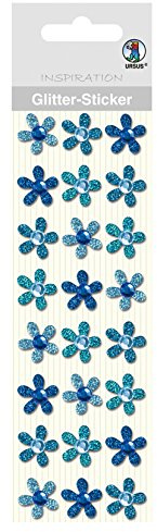 Ursus 75000006 - Glitter Sticker, Blüten, blau, 24 Stück, selbstklebend, einfach von der Folie abzuziehen, in verschiedenen Farbtönen, geeignet für Scrapbooking, Kartengestaltung und zur Dekoration
