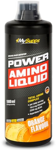 My Supps Power Amino Liquid 1000ml Orange – flüssiger Aminosäuren Komplex mit BCAA und Vitamin B6 – Protein-Hydrolysat ohne Laktose – trinkfertig – made in Germany