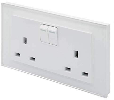 Retrotouch Crystal, Double Plug Socket, Switched, White Glass, 13A, w8 x h86 x d146 mm