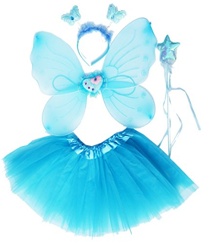 Fun Play Feen kostüm kinder für Mädchen - Schmetterlingsflügel kinder Tutu Zauberstab und Haarreifen - Schmetterlingsverkleidungen - Engelsflügel für Mädchen 3-8 Jahre alt - Farbe Wasserblau
