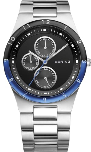 BERING Herren Quarz Uhr | Armbanduhr 39 mm silbernes Edelstahlgehäuse und schwarzes Zifferblatt | Edelstahlband mit Edelstahlelementen | 5 ATM | 32339-702